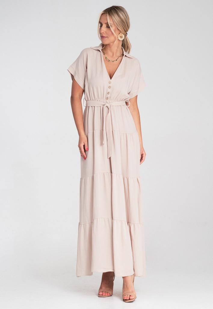 Letnia Sukienka Maxi - Sukienka Z Kołnierzykiem I Falbankami - Beżowa M1195 R. S/M