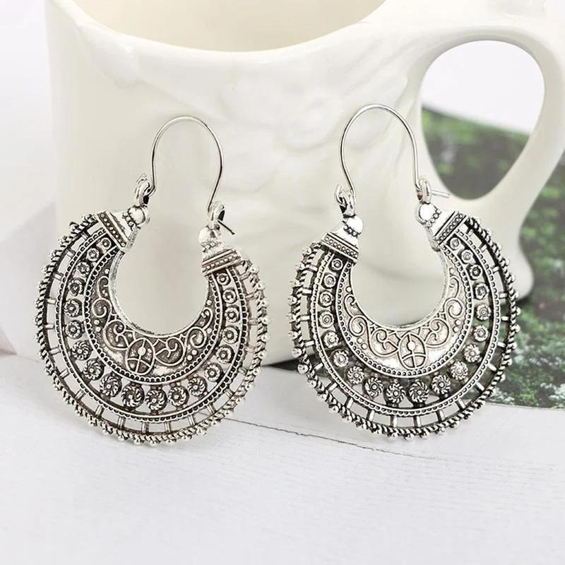 Hoop Earrings Ethnic Tribal Aztec Hippy Boho Dangle Silver Tibetan Fashion