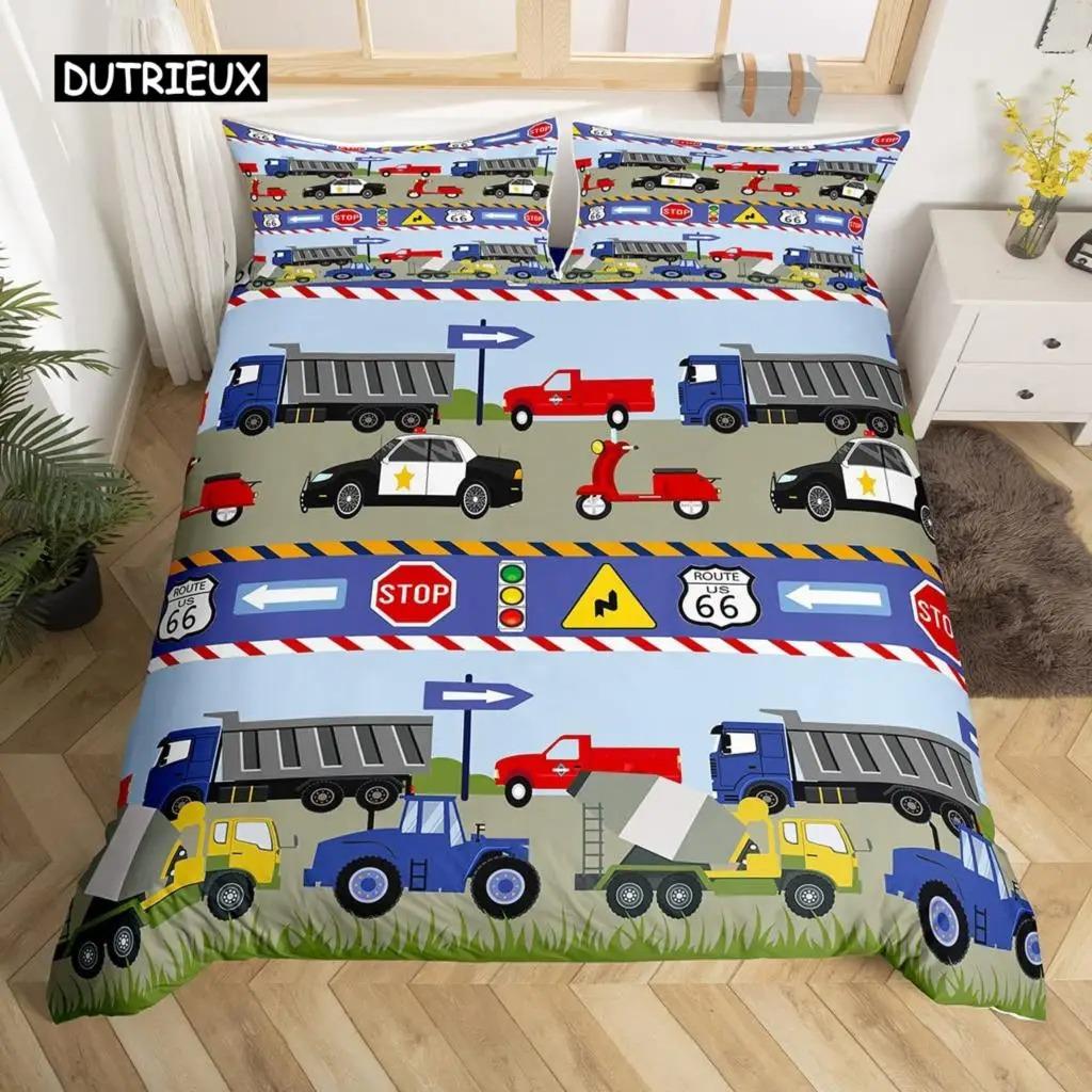 Kids Equipment Trucks Duvet Cover King Boys Cartoon Car Bedding Set Construction Highway Comforter Cover Set