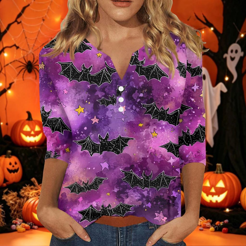 Women's Halloween Print V-Neck Short Sleeve T-Shirt with Decorative Buttons for Casual Fall Outfits