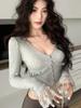 Women's Retro V-Neck Lace Trim Slim Fit Long Sleeve Crop Cardigan