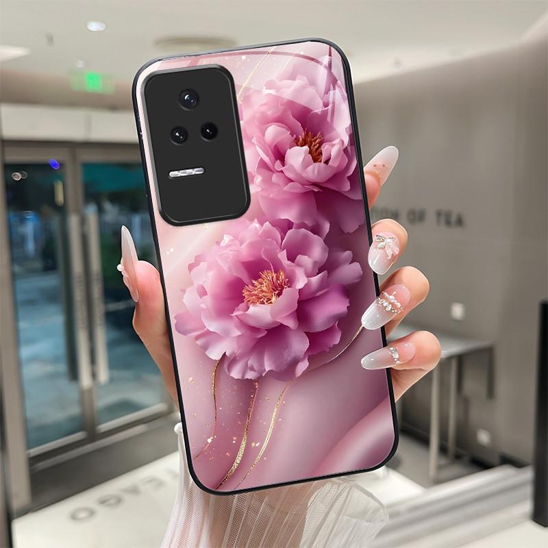 Beautiful Flower Cute Cats Case For Xiaomi Poco F4 5G / Redmi K40S Tempered Glass Phone Case Protective Back Cover Hard Shell