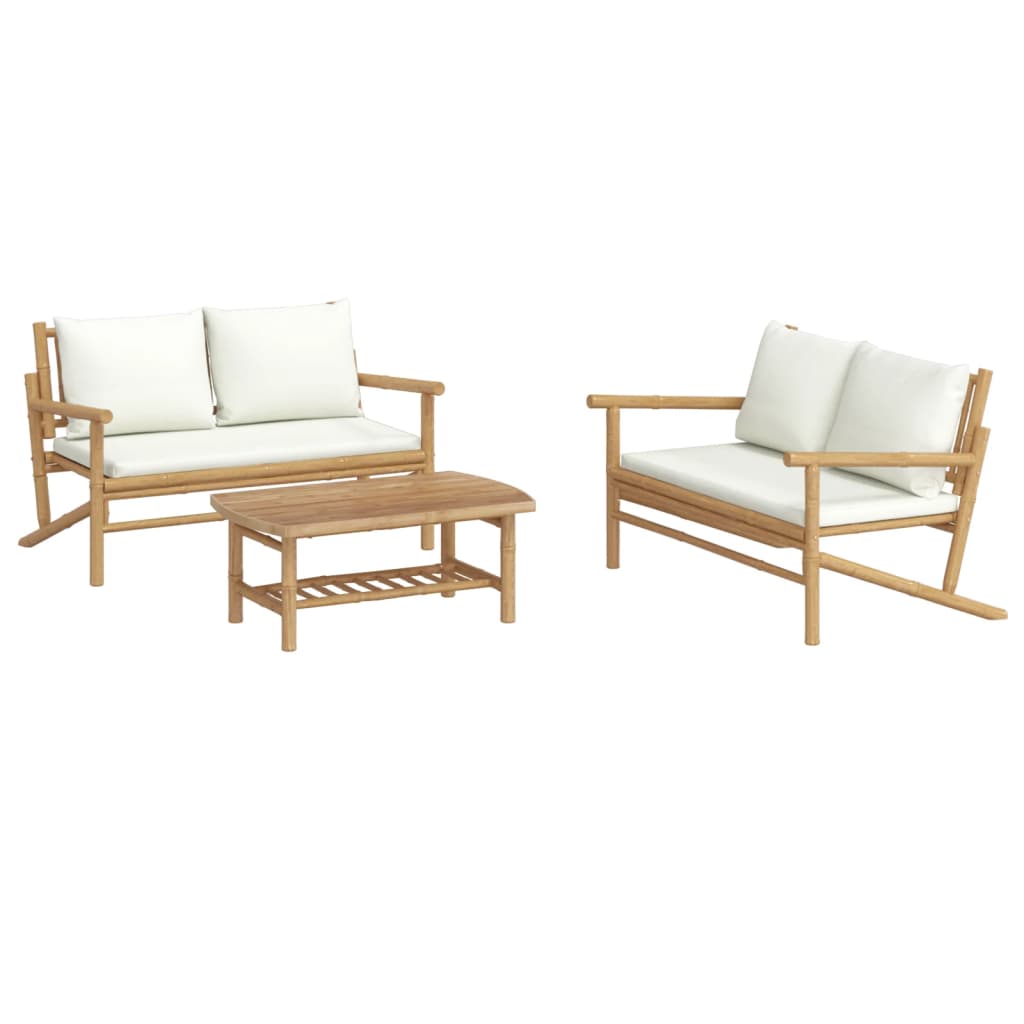 3 Piece Garden Lounge Set with Cushions Cream Bamboo