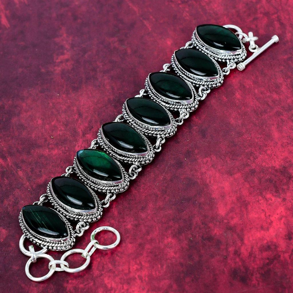 Green Flash Labradorite Handmade Gemstone Bracelet, 925 Solid Sterling Silver Bracelet Antique Jewelry, Adjustable Chain Bracelet Engagement Gift