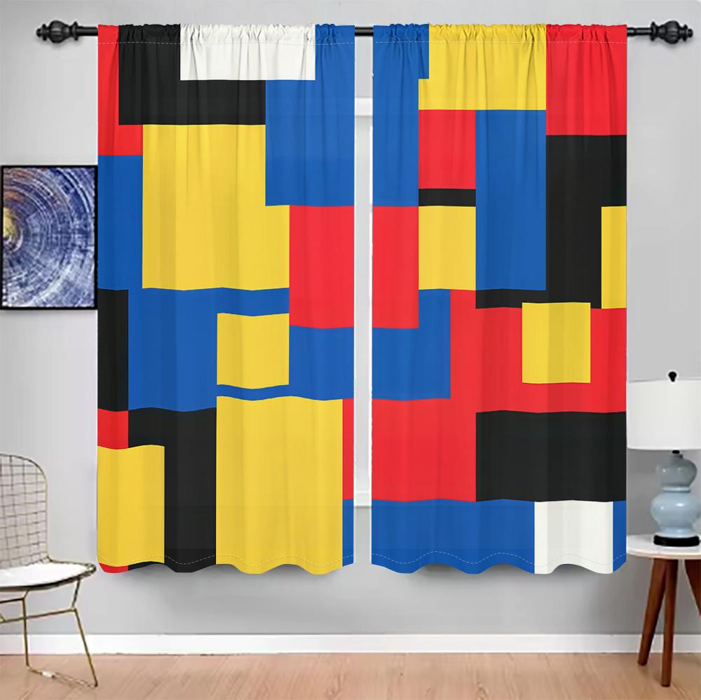 2Pcs Mondrian Style Curtains 3D Colorful Square Pattern Living Room Study Sunshade Modern Art Decor Curtains