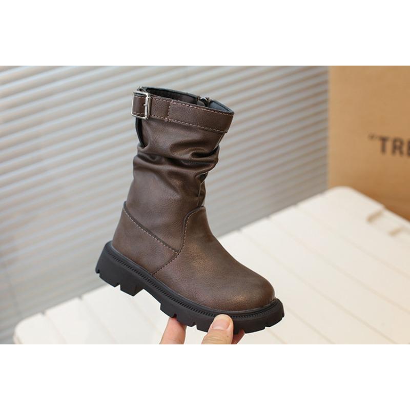 Girls Thick Heel Mid Calf Boots Fleece Lined Retro Stacked Boots