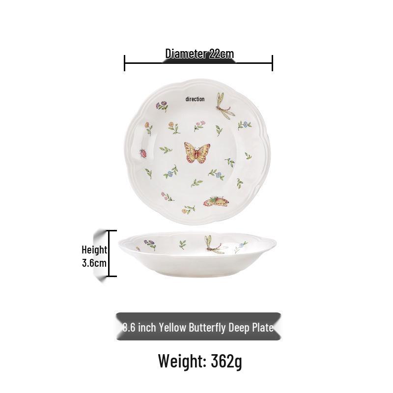 Vintage Dragonfly & Butterfly Ceramic Tableware Set: Dish, Bowl, Plate, Fish Plate, Deep Plate, Noodle Bowl