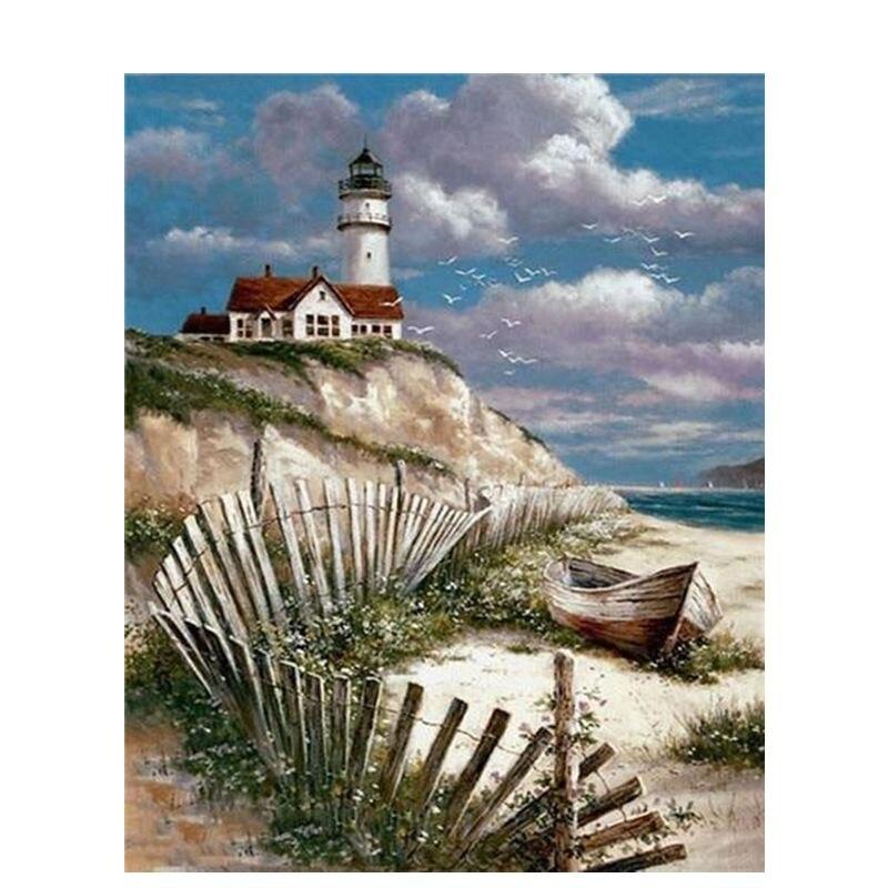 Embroidery Stitch Cross Diamond Lighthouse Diamond Painting 5d Diamond Mosaic Seascape Full Round Home Decor