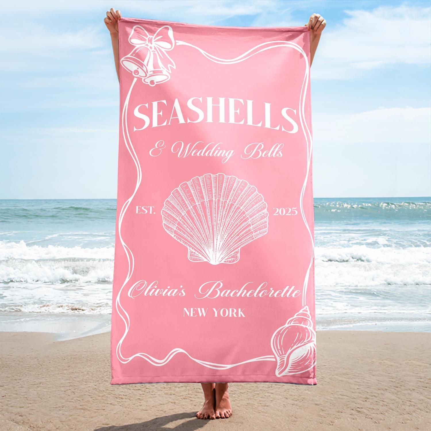 

Seashell & Wedding Bells Beach Towel, Bachelorette Party Print Quick-Dry Towel for Beach, Bridal Events and Summer Celebr W30*H60(CM)