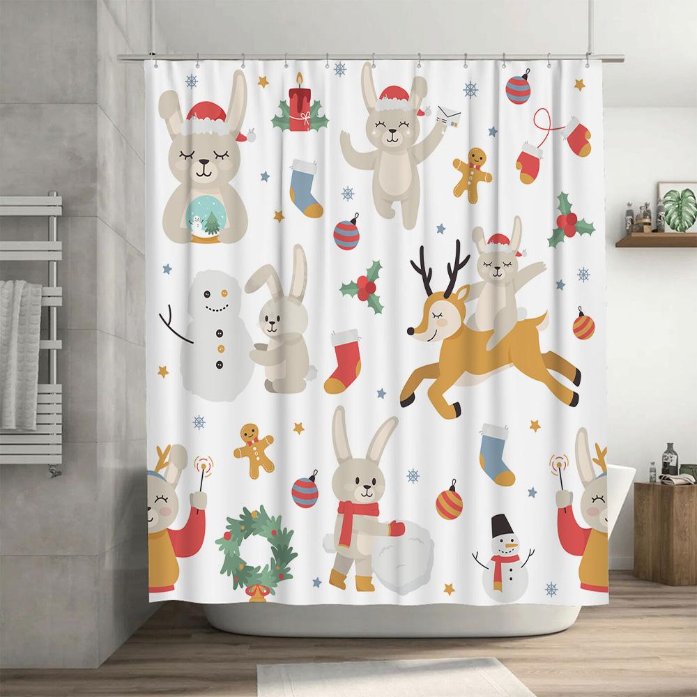 Christmas Shower Curtain Festive White Holiday Decor with Reindeer and Bunnies for Bathroom