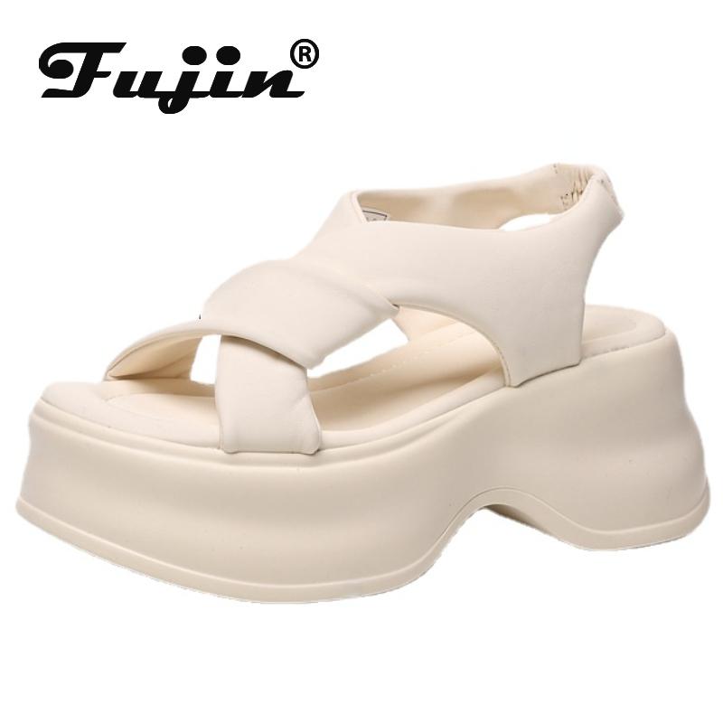 

Fujin 6 см из синтетической микрофибры, летние женские эластичные удобные модные женские сандалии с открытым носком, тапочки на платформе, женская обувь на танкетке 34 чёрный