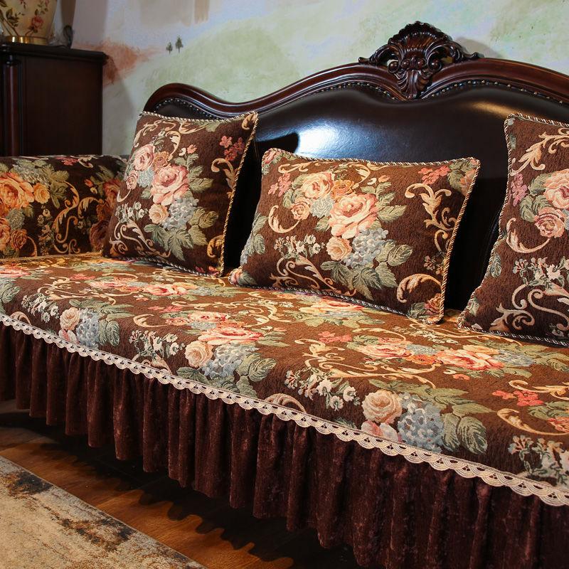 Bestickter Sofaüberwurf mit unregelmäßigem Rand Chenille Rutschfest Sofahandtuch Kissenbezug Europäischer Stil Rot Grün Sofakissen mit Saum