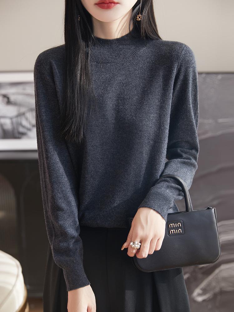 2025 Spring Women's Solid Color Half-High Collar Knit Wool Pullover Sweater