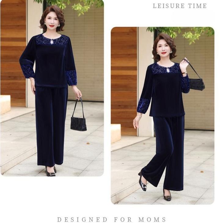 2pcs Pants Suit Autumn Women's Loose Plus-size Velvet Blouse High-waist Velvet Pants Two-piece Set
