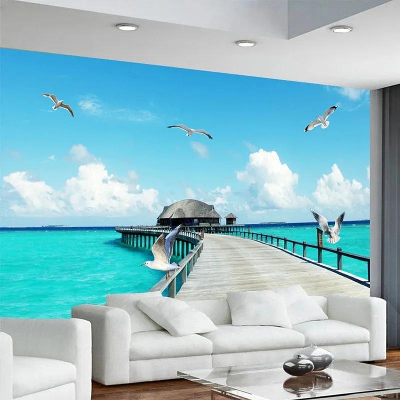 Modern 3d Wall Mural Seascape Wooden Bridge Wallpaper Living Room Restaurant Background Wall Mural Home Decor