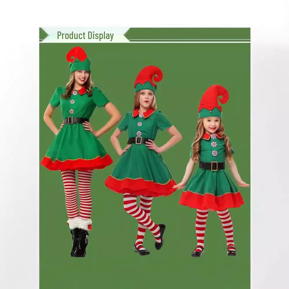 Kids' Christmas Elf Costume - Unisex Parent-Child Green Cosplay Outfit for Holiday Parties