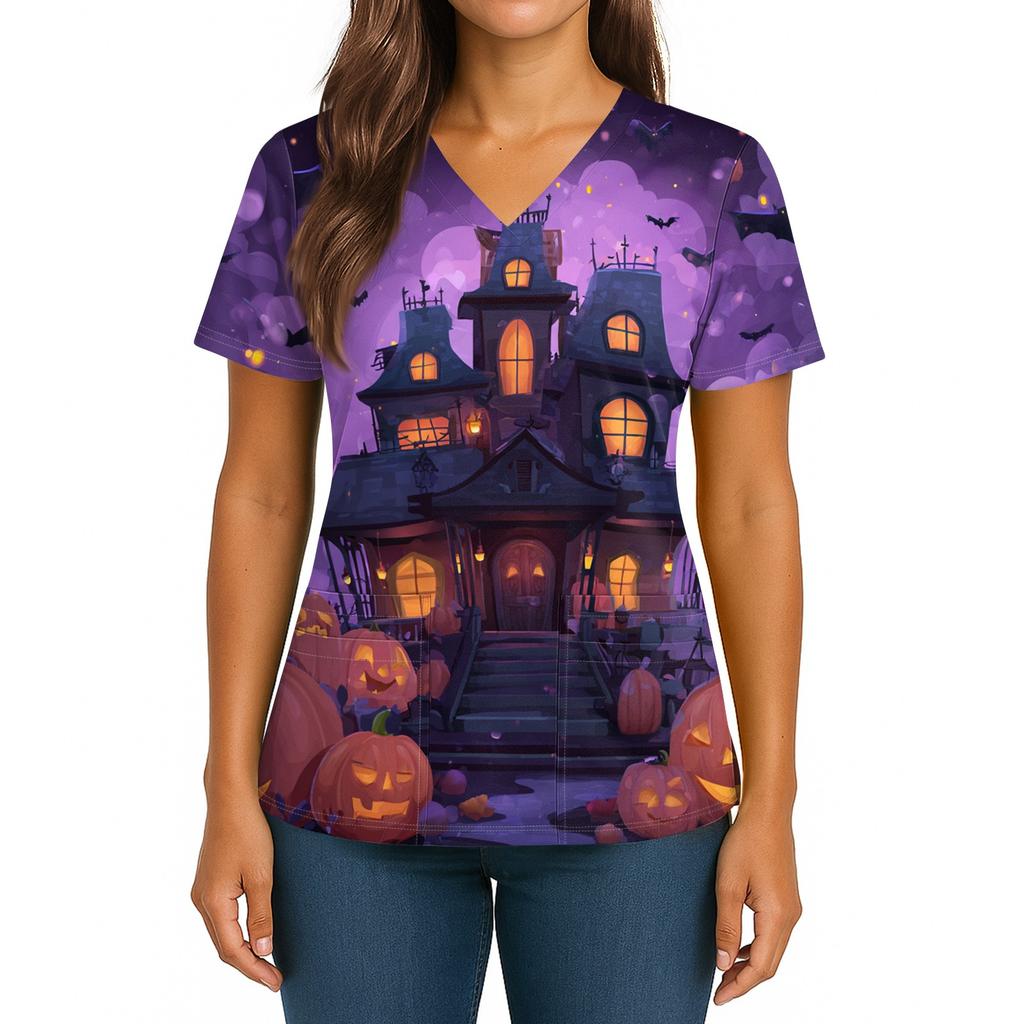 Damen Halloween Bedrucktes V-Ausschnitt Doppel-Taschen Kurzarm Saumschlitz Uniform Pflegekraft Oberteil