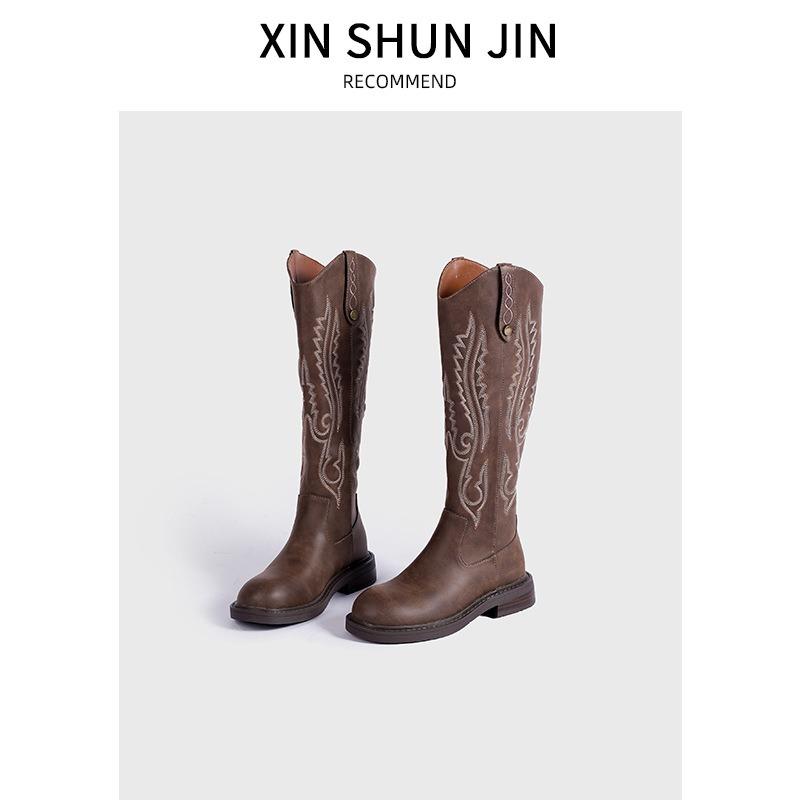 Embroidery V-mouth~ Western Cowboy Boots Women's Autumn and Winter New Rear Zipper Low Heel High Boots Retro Knight Boots