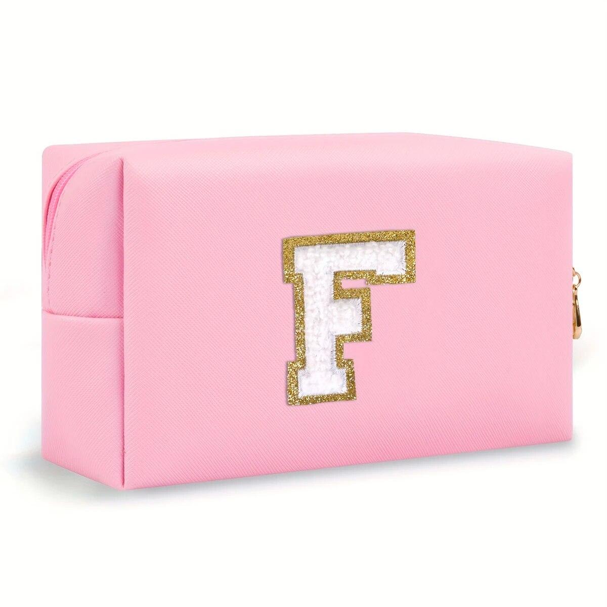 

Initial Letter Patch Makeup Bag, Preppy Portable Chenille Letter Cosmetic Bag With Zipper, PU Leather Waterproof Travel Toiletry