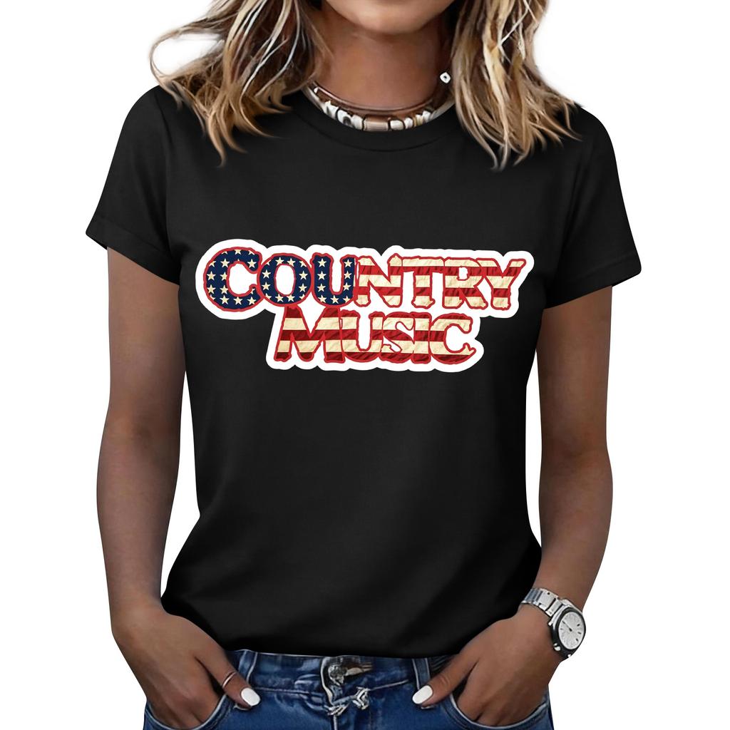 Women's Fashionable Casual Music Festival Print Round-Neck Short-Sleeve T-Shirt