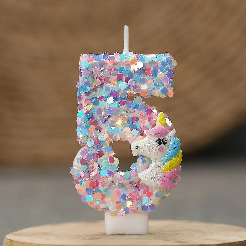Gradient Pink Unicorn Happy Birthday Candles with 0-9 Number for Cake Decoration Children's Party Favors Cake Toppers DIY