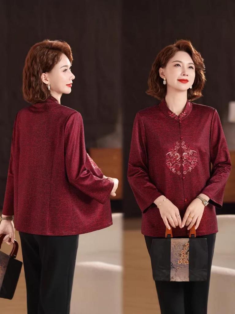 2026 Festive Tang Suit Shirt: Nine-Point Sleeve Chinese Style for Middle-Aged & Elderly Women