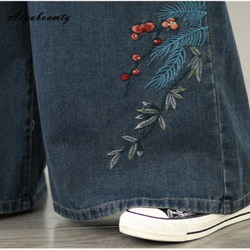 Ethnischer Stil Übergröße Damen Basic Weitbeinjeans Hohe Taille Kordelzug Zarte Stickerei Floral Baggy Denimhose Vintage Elegante Damenjeans