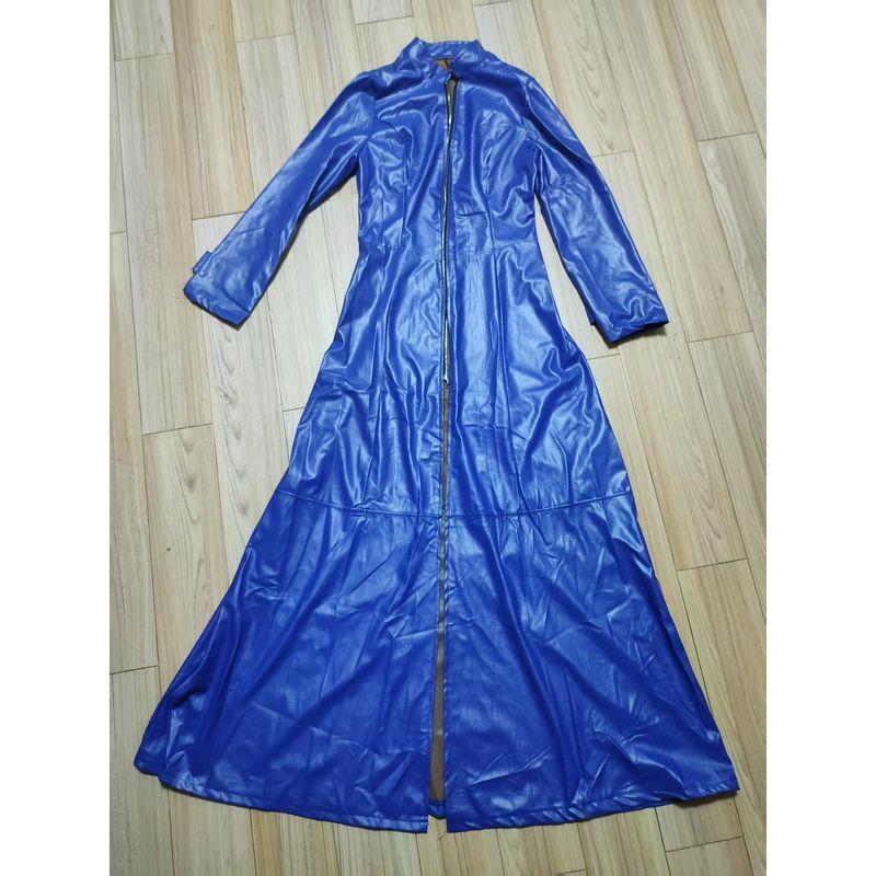 Fall Fashion Pure Color Long Section with a Stand Collar Temperament Plus Size Thin Coat with Zip Without Lining Outwear PU Leather Coat Women's Coat