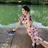 Retro Short Sleeve Printed Cheongsam Dress with Hollow-out Frog Buttons and Slit