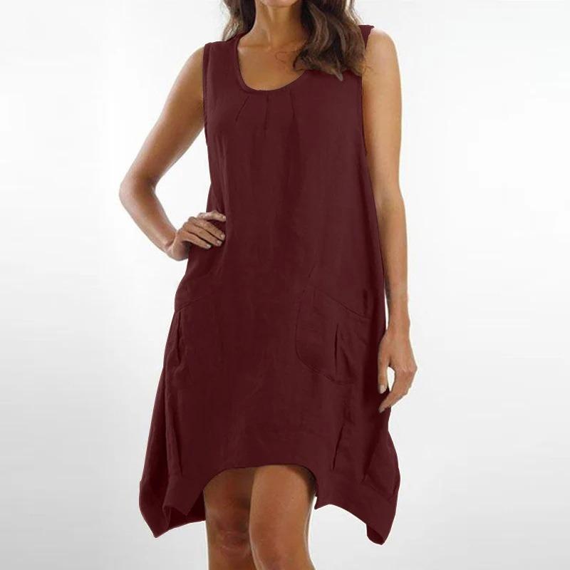 IHUASU Fashion Summer Spring Solid Color Print Sleeveless O-Neck Casual Dresses