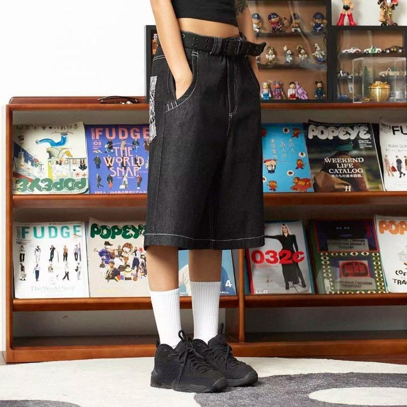 Vintage Embroidery Baggy Woman Jeans Shorts Oversize Streetwear Retro Style Wide Leg Denim Pants Summer