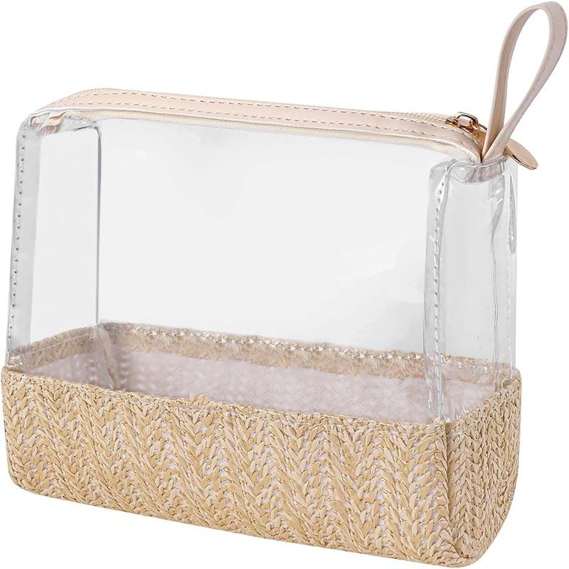 New Straw Woveing PVC Clear Makeup Case Toiletry Bag Travel Makeup Bag Portable Cosmetic Organizer Transparent Storage Bags