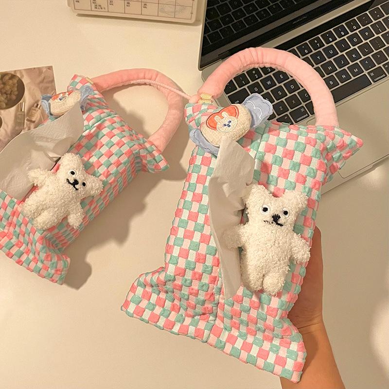 

Pink Plaid Fabric Tissue Box Portable Hanging Tissue Case Living Room Container Home Car Towel Napkin Holder Home Decoration 23*17cm