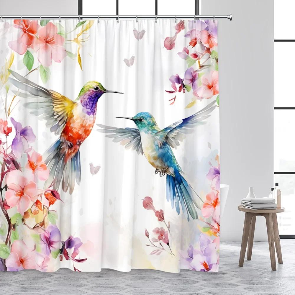 Kolibri Duschvorhang Frühblumen Aquarell Bauernhofpflanze Grünes Blatt Schmetterling Süße Katze Polyesterstoff Badezimmer Dekorationsset