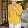 Johnature Camisas de lino vintage con botones para mujer, blusas de primavera con mangas siete y cuello alto, de color liso, estilo chino para mujer