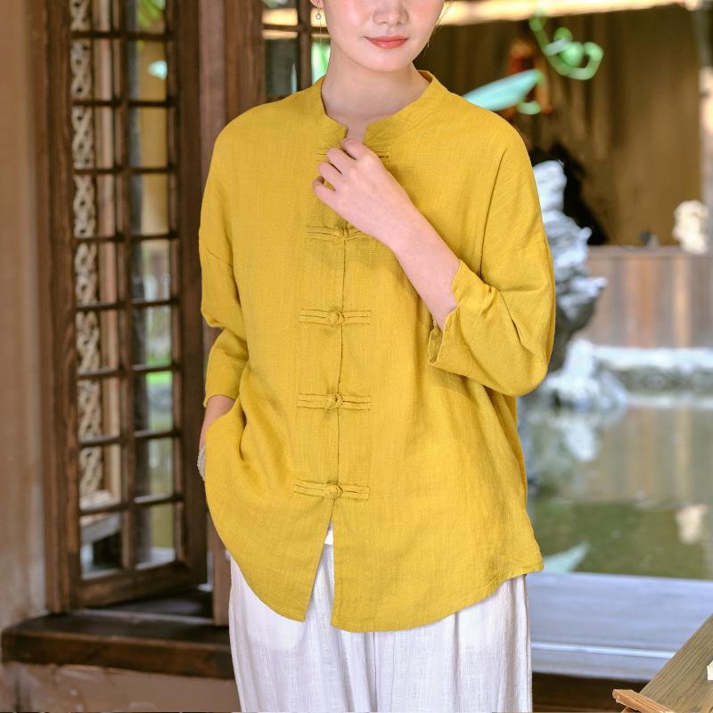 Johnature Camisas de lino vintage con botones para mujer, blusas de primavera con mangas siete y cuello alto, de color liso, estilo chino para mujer