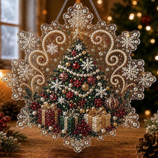Handmade Christmas Tree Decor Faux Pearl Painting Suncatcher Kit, Acrylic Snowflake Shaped Board with Lace Relaxing Holiday Activity Edge, 3D Gemstone