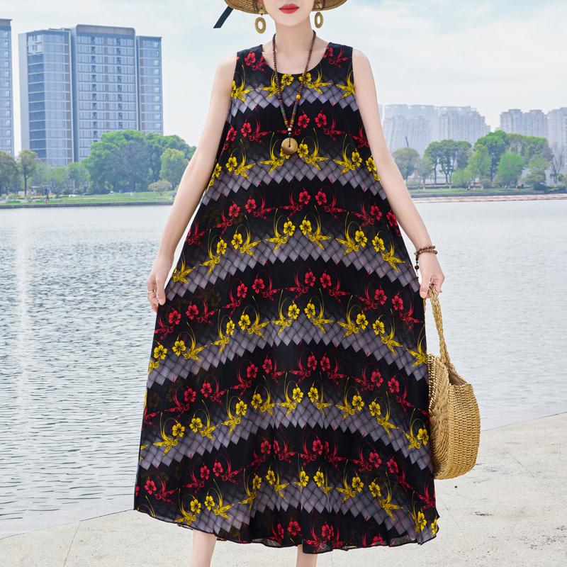 Elegant Sleeveless Dress Summer Fashion Casual Loose Vintage Print Long Dresses for Women Summer Clothes