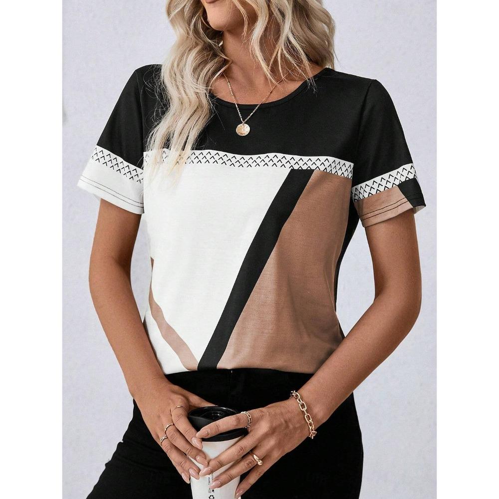 Women's T Shirt Graphic Casual Short Sleeve Round Neck Regular Tops Daily Patchwork Print Red Blue Khaki Summer