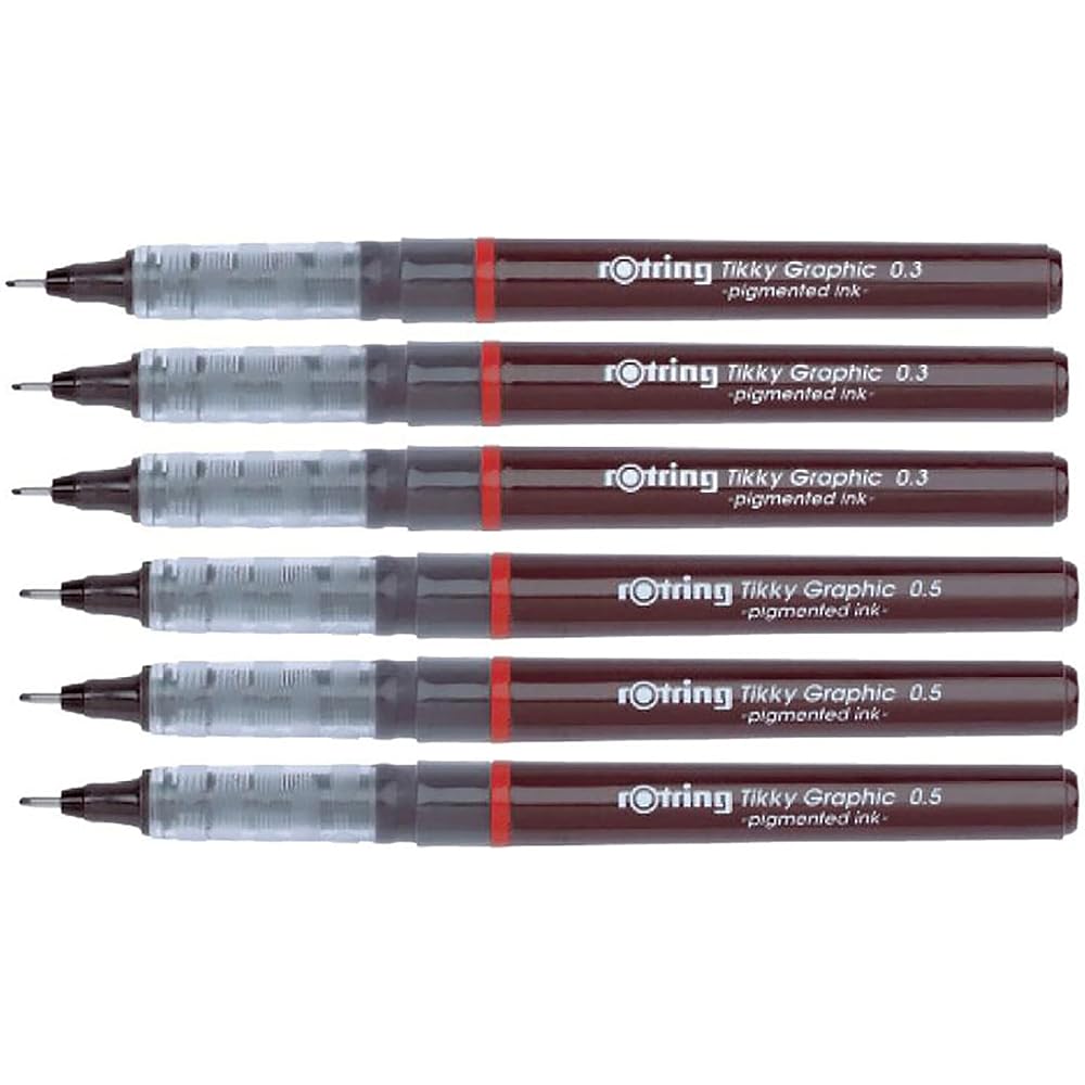 Rotring Tikky Graphic Pigment Liner 0.3mm & 0.5mm Pens - 3 Black Pigment Ink, Fiber Tips, Set of ...