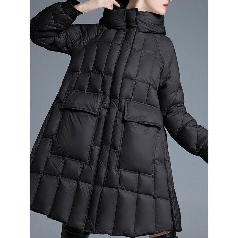 New down jacket women's medium and long A pendulum thickened hooded loose and thin white duck down jacket