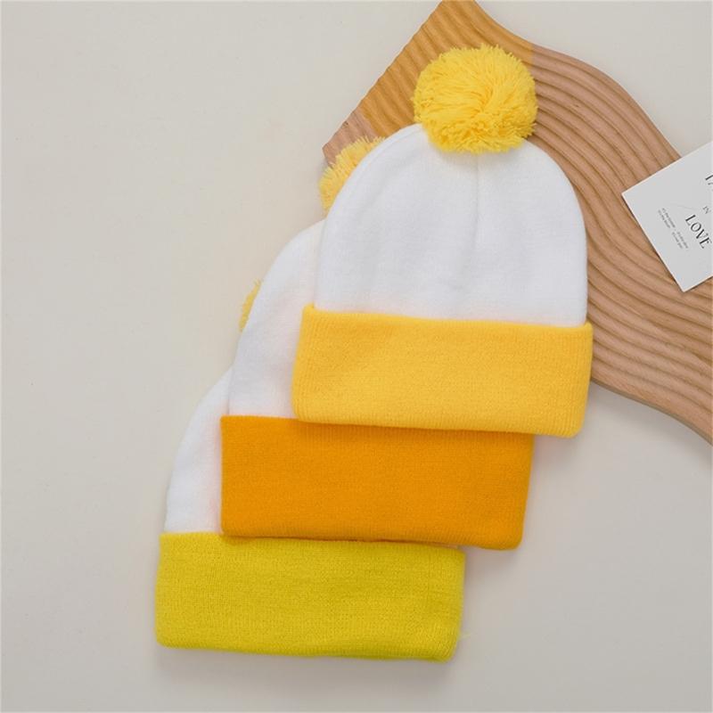 Soft Knitted Hat Color Contrast Stretchy Pullover Hat for Holiday Celebration Family Gathering Photography Pompoms Hat