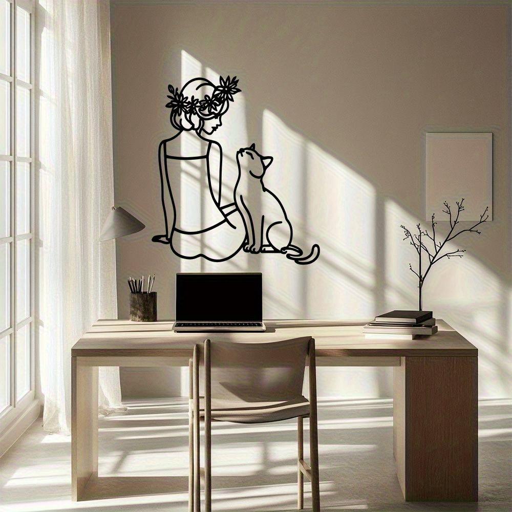 1pc Modern Metal Wall Art Woman with Cat Line Drawing Black White Iron Decor Living Room Bedroom Kitchen