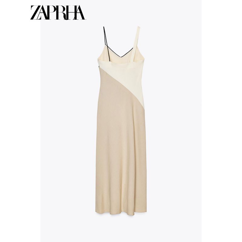 Zaprha 2025 New Arrival French Style Temperament Cinched Patchwork Pleated Drape V Neck Midi Skirt Sling Dress 5029116