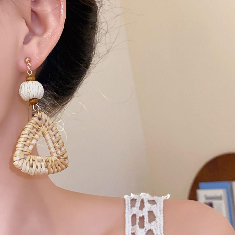 Round Bohemian Drop Earrings Beach Jewelry Geometric Earrings Sweet Rattan Weave Earrings  Wedding