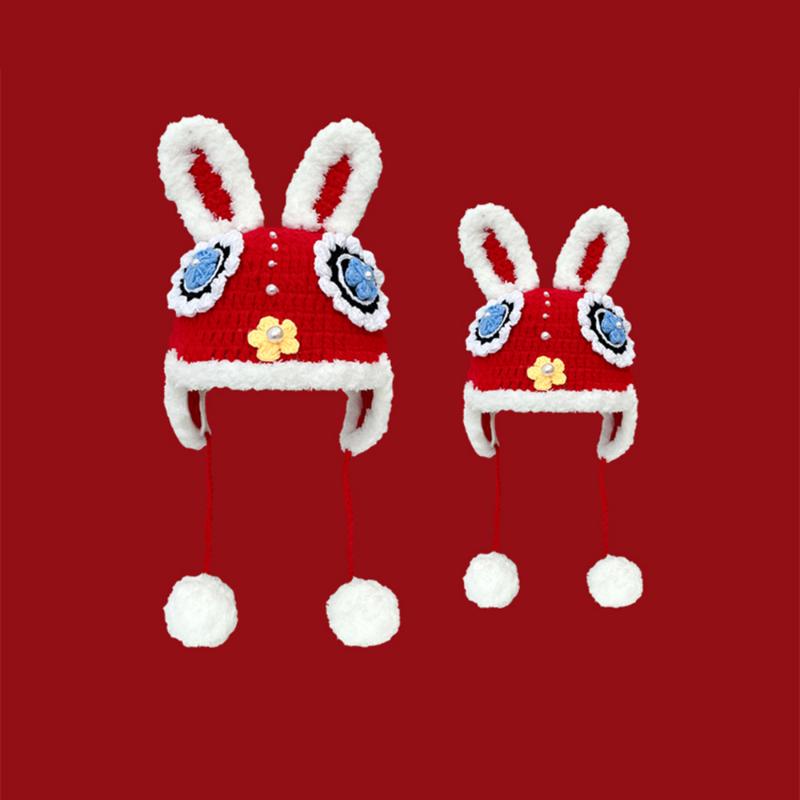 Handmade Crochet Rabbit Tiger Head Hat Men Women Chinese New Year Lion Dance Earflap Bomber Winter Thick Ski Cap for Kids Warm Gift