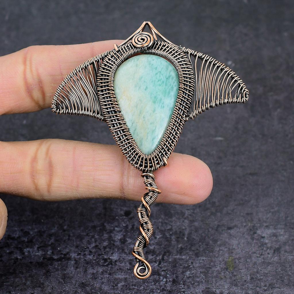 Aquamarine Gemstone Handmade Copper Wire Wrap Fish Jewelry Pendant 3.54" M6u17