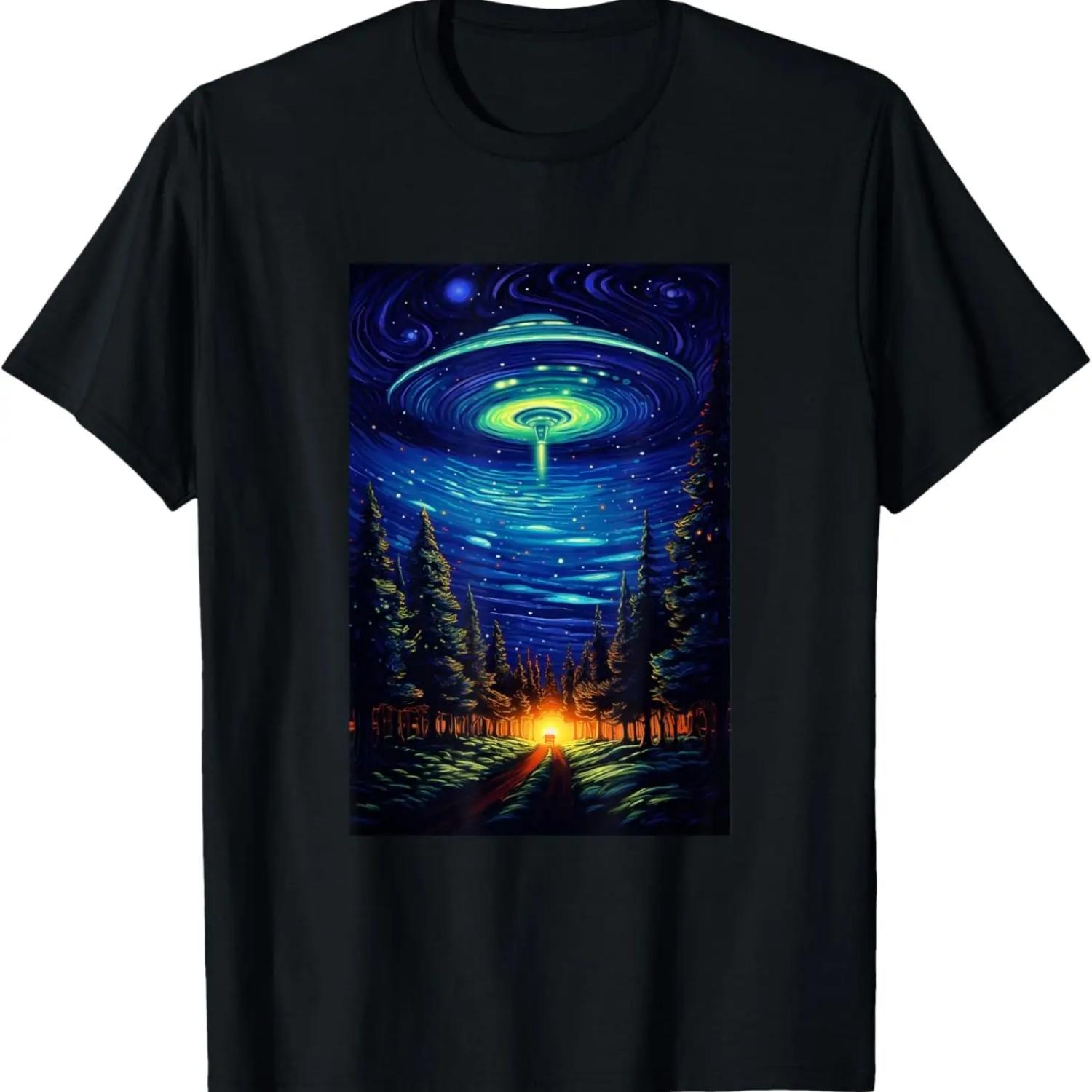 UFO Aliens Flying Saucer - Van Gogh Style - Starry Night T-Shirt S чёрный