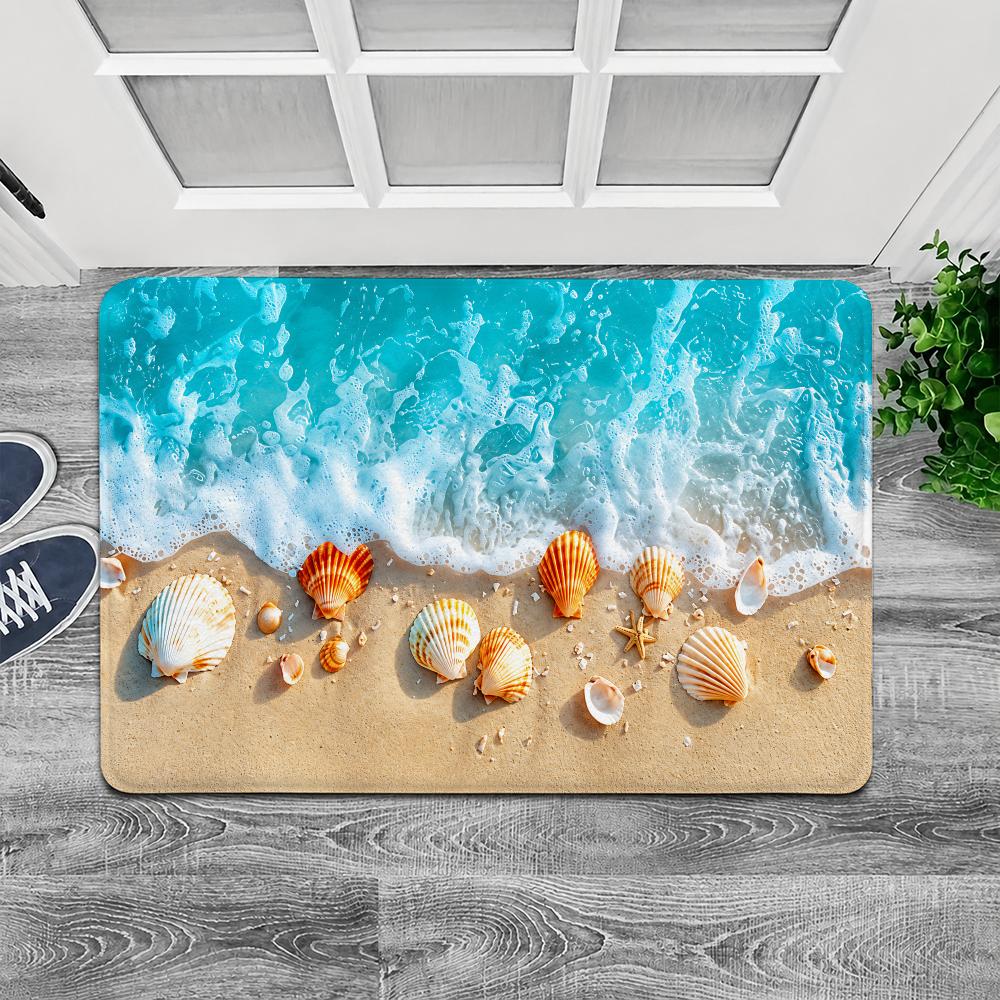 Ocean Waves Beach Shells Floor Mat Flannel Door Mat Non-Slip Washable Foam Entryway Rug for Bathroom Bedroom Entryway