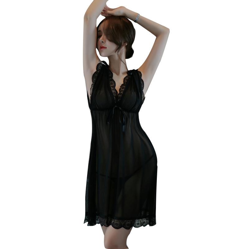 Erotic underwear women's large size European and American sexy pajamas deep transparent mesh nightgown